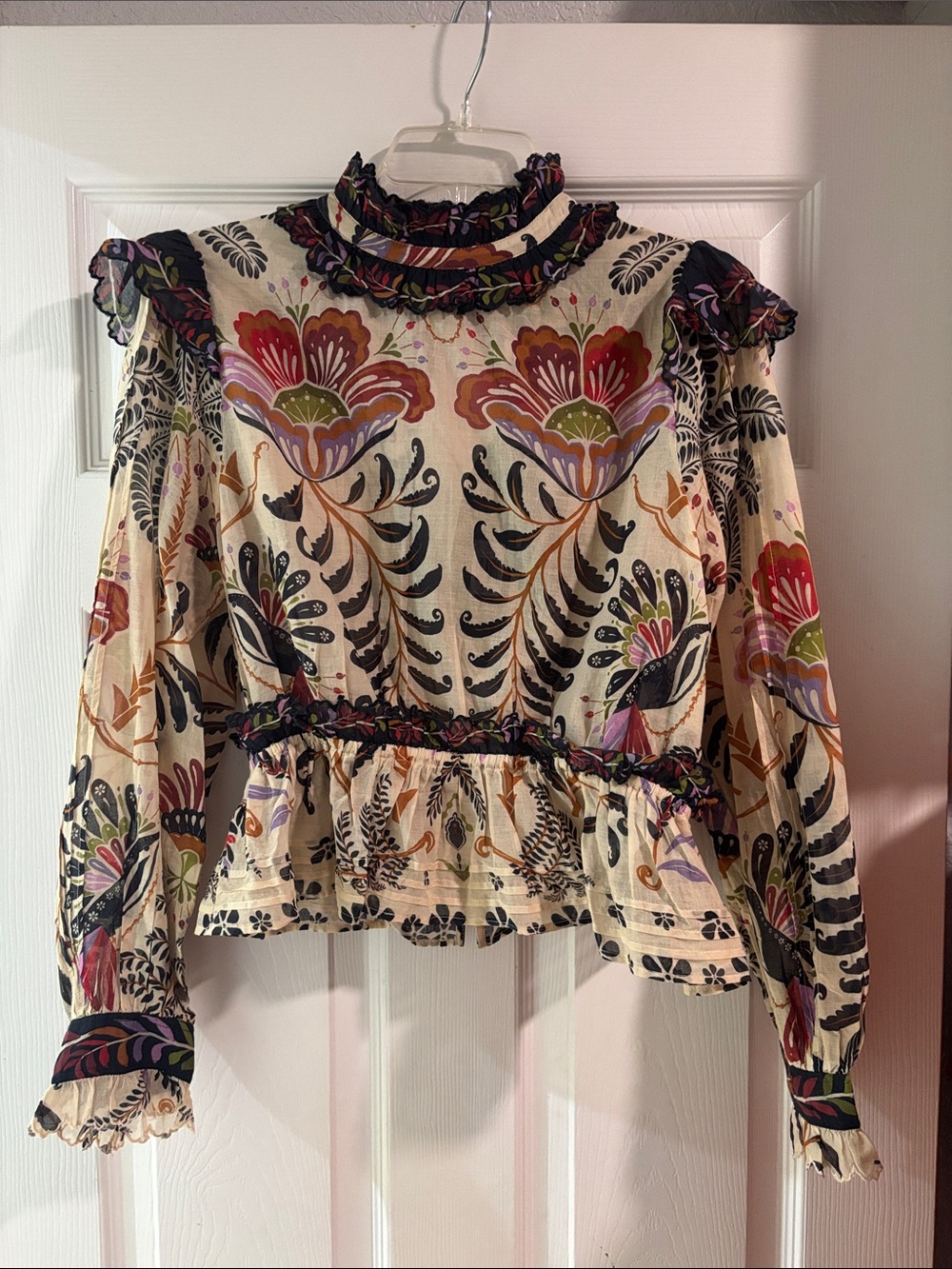 FARM Rio Cream Floral Ruffle Peplum Blouse with Pink & Green Accents
